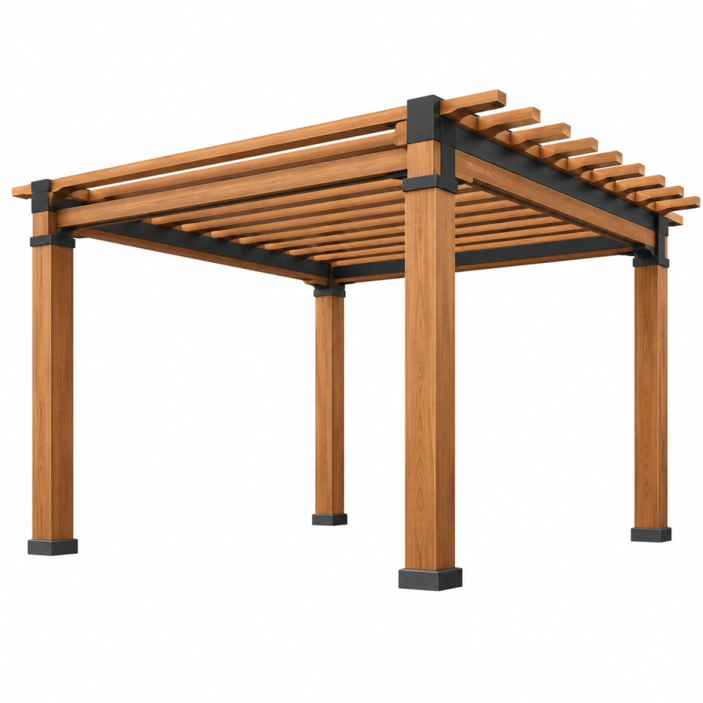 Pergola da giardino 300 x 300 x 250 cm in legno marrone e metallo nero con tetto a listelli