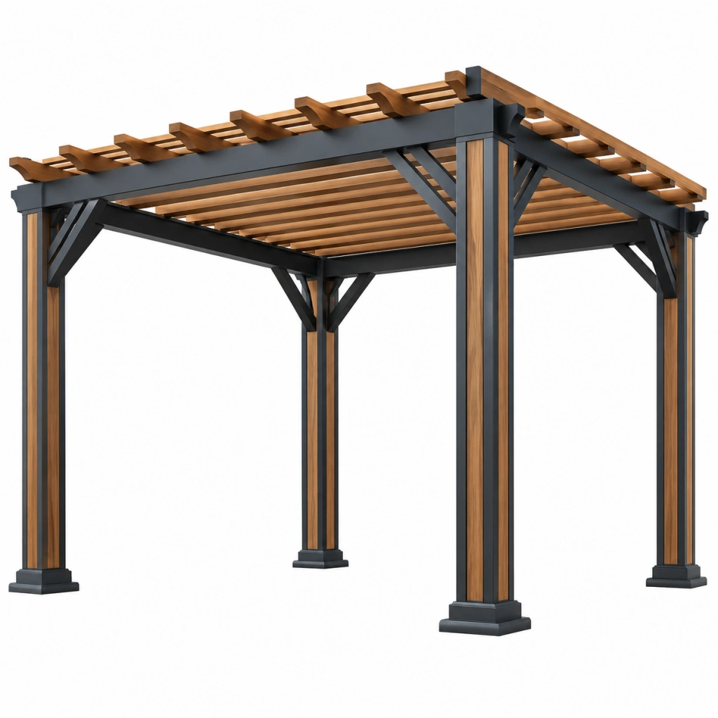 Pergola da giardino 300 x 300 x 250 cm in legno e metallo marrone/nero con tetto a listelli