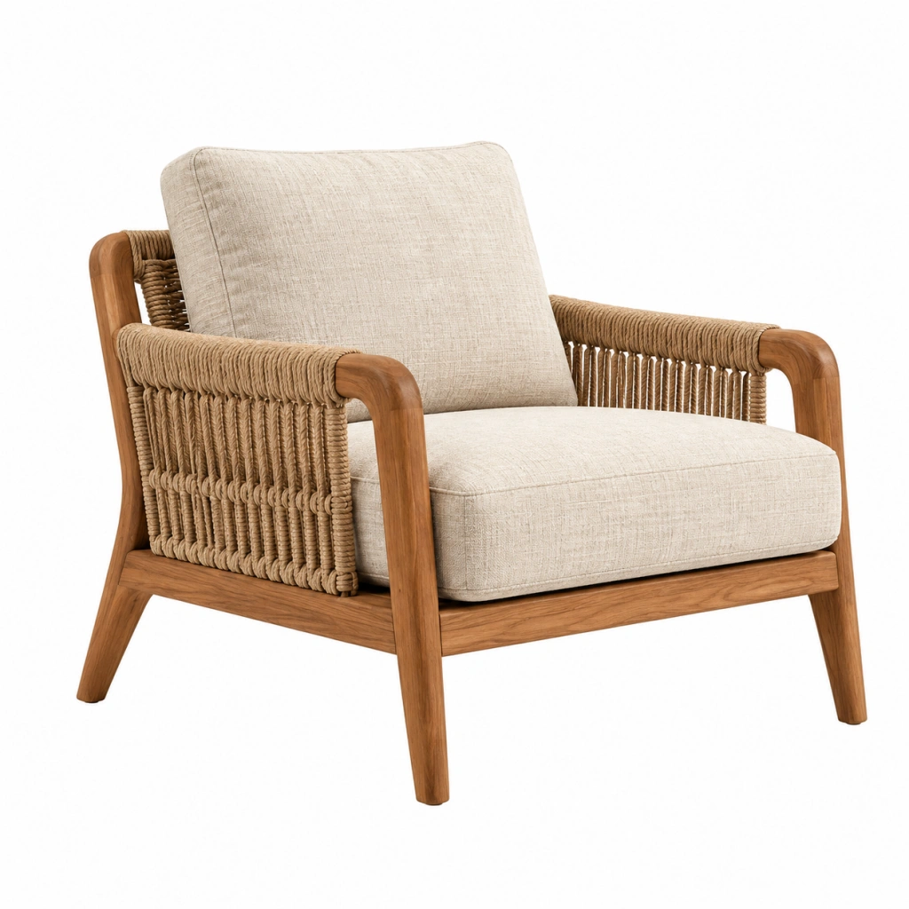 Poltrona 75 x 85 x 82 cm in legno e corda intrecciata beige stile naturale