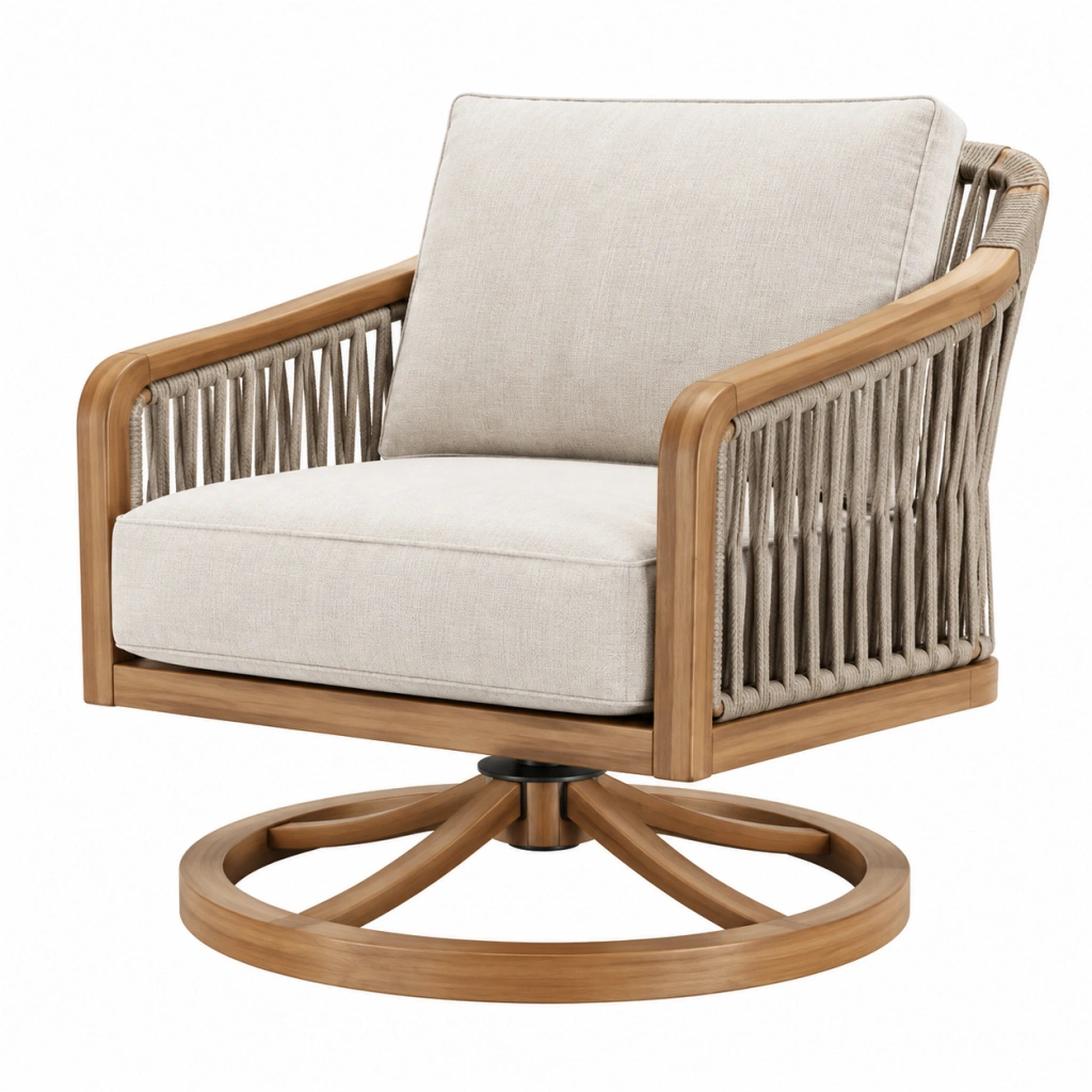 Poltrona girevole 80 x 85 x 86 cm in legno naturale e corda beige con seduta imbottita