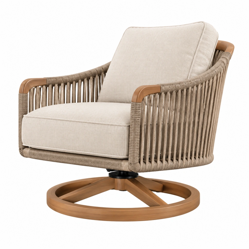 Poltrona girevole 75 x 80 x 92 cm in corda intrecciata beige e legno - stile naturale