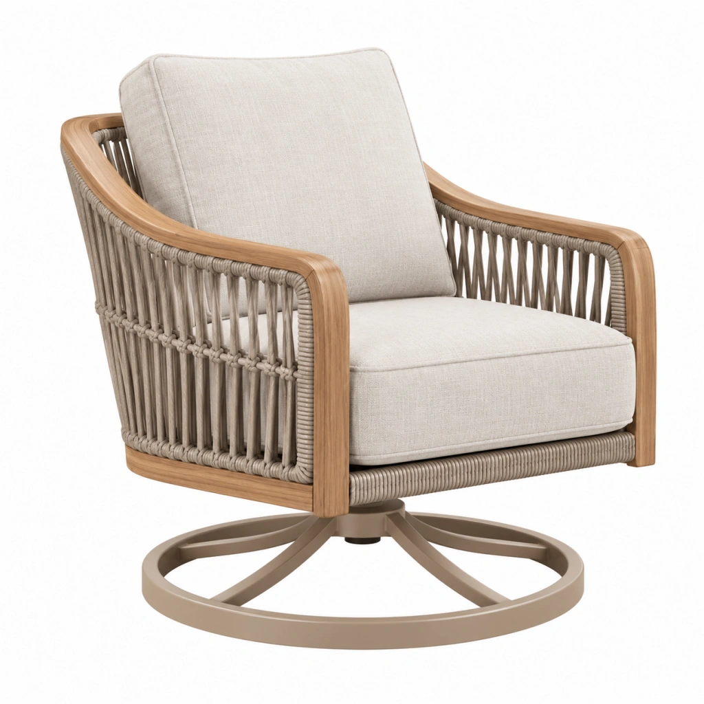 Poltrona da esterno 80 x 85 x 90 cm in legno corda e tessuto beige con base girevole