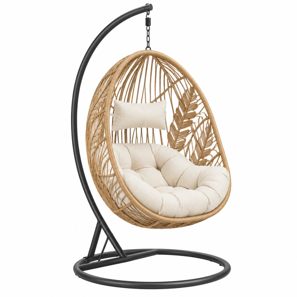 Poltrona sospesa 105 x 105 x 195 cm in rattan naturale e metallo nero con cuscino seduta stile boho
