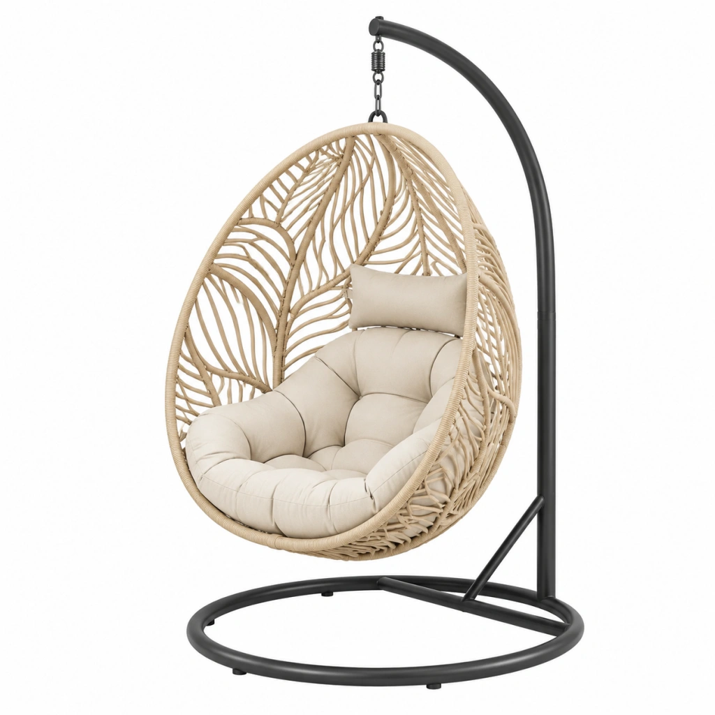 Poltrona sospesa 105 x 105 x 195 cm in rattan sintetico beige con supporto in acciaio nero da esterno