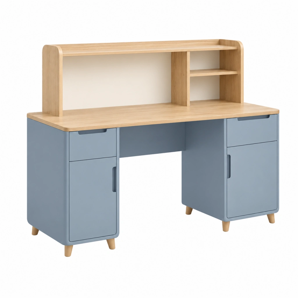 Scrivania 120 x 60 x 110 cm in legno blu e naturale con cassetti ante e ripiani