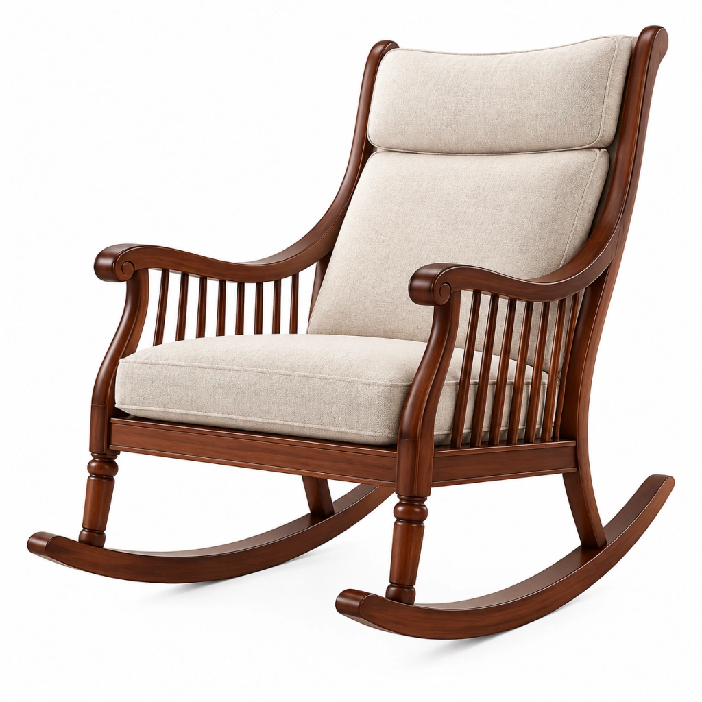 Sedia a dondolo 70 x 100 x 110 cm in legno marrone con rivestimento in tessuto beige stile classico