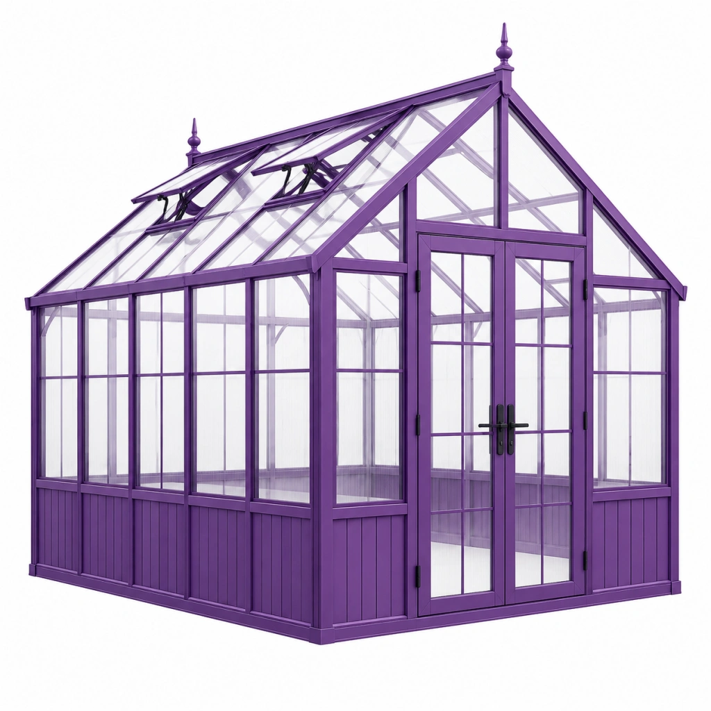 Serra da giardino 240 x 190 x 250 cm in metallo viola con pannelli trasparenti - stile vittoriano