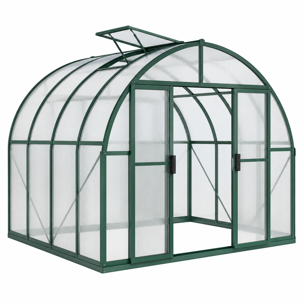 Serra da giardino 190 x 190 x 195 cm in alluminio verde e policarbonato trasparente con porta scorrevole e lucernario